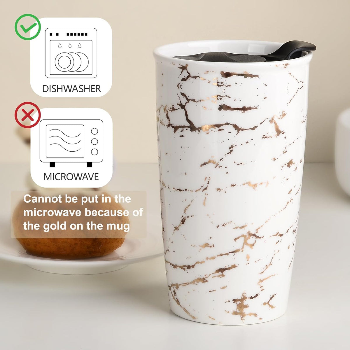 Ceramic Travel Mug with Lid, Flower Pattern Black Double Wall Coffee Mug Tumbler, Reusable Tall Cup, Splash Resistant Lid, Dishwasher Microwaveable Safe