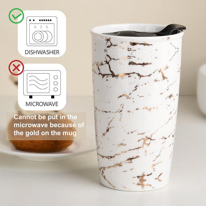 Ceramic Travel Mug with Lid, Flower Pattern Black Double Wall Coffee Mug Tumbler, Reusable Tall Cup, Splash Resistant Lid, Dishwasher Microwaveable Safe