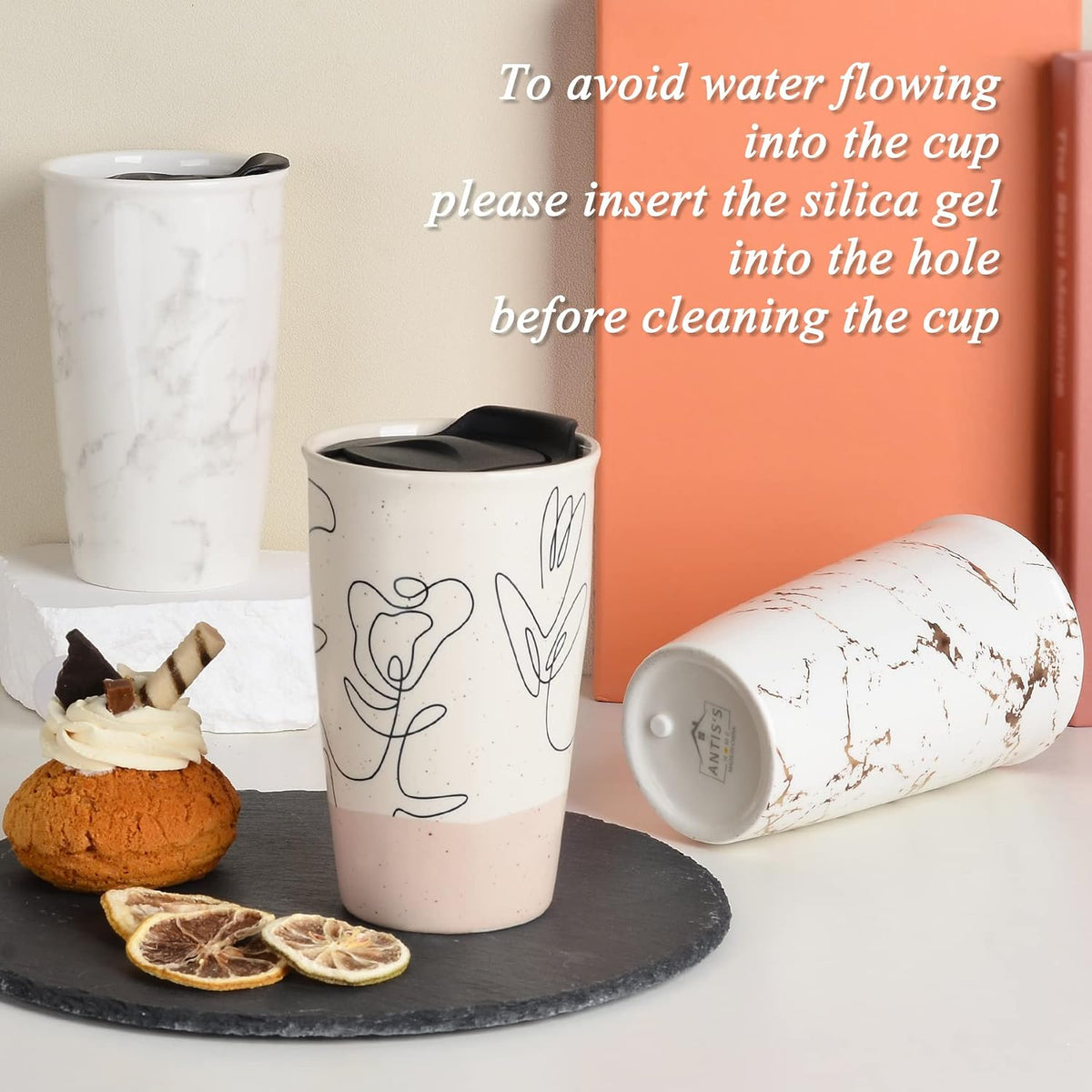 Ceramic Travel Mug with Lid, Flower Pattern Black Double Wall Coffee Mug Tumbler, Reusable Tall Cup, Splash Resistant Lid, Dishwasher Microwaveable Safe