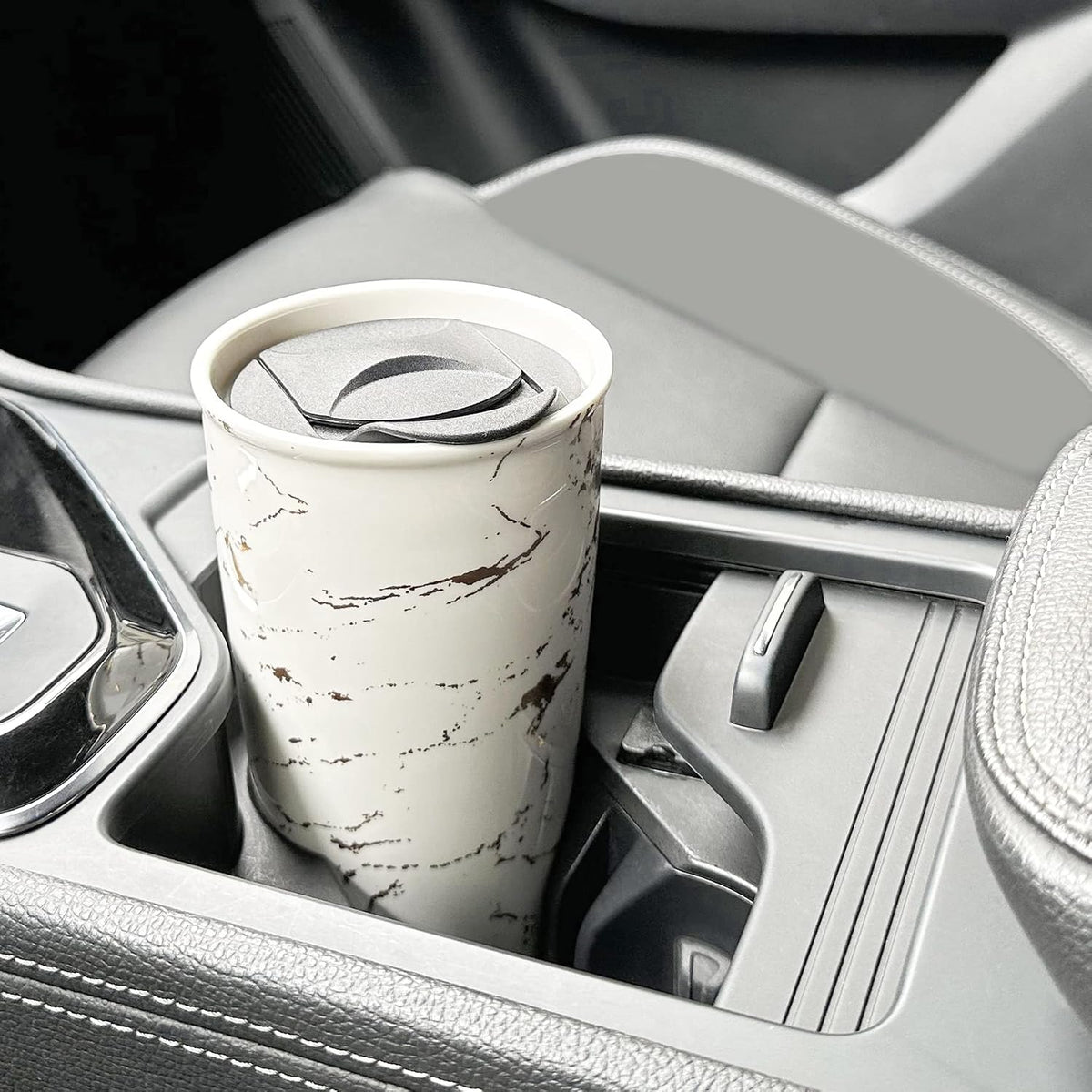 Ceramic Travel Mug with Lid, Flower Pattern Black Double Wall Coffee Mug Tumbler, Reusable Tall Cup, Splash Resistant Lid, Dishwasher Microwaveable Safe