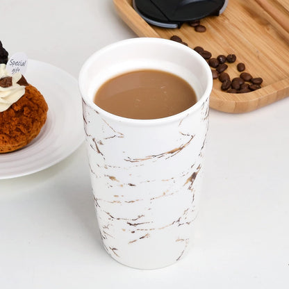 Ceramic Travel Mug with Lid, Flower Pattern Black Double Wall Coffee Mug Tumbler, Reusable Tall Cup, Splash Resistant Lid, Dishwasher Microwaveable Safe