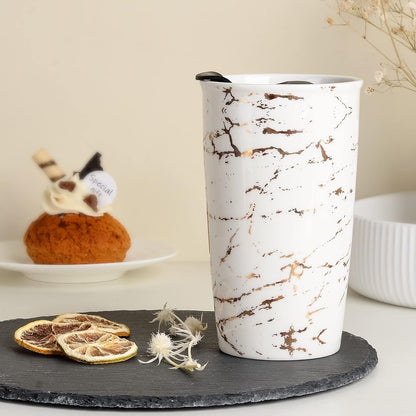 Ceramic Travel Mug with Lid, Flower Pattern Black Double Wall Coffee Mug Tumbler, Reusable Tall Cup, Splash Resistant Lid, Dishwasher Microwaveable Safe