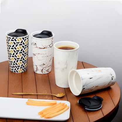 Ceramic Travel Mug with Lid, Flower Pattern Black Double Wall Coffee Mug Tumbler, Reusable Tall Cup, Splash Resistant Lid, Dishwasher Microwaveable Safe
