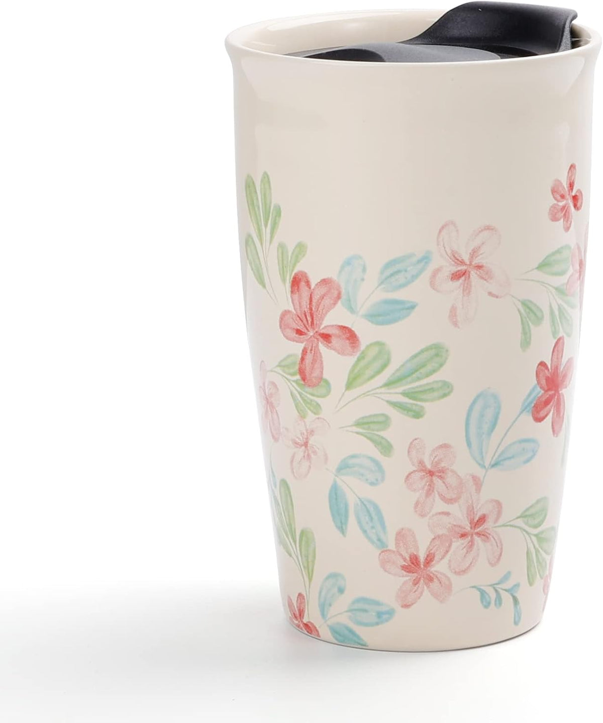 Ceramic Travel Mug with Lid, Flower Pattern Black Double Wall Coffee Mug Tumbler, Reusable Tall Cup, Splash Resistant Lid, Dishwasher Microwaveable Safe