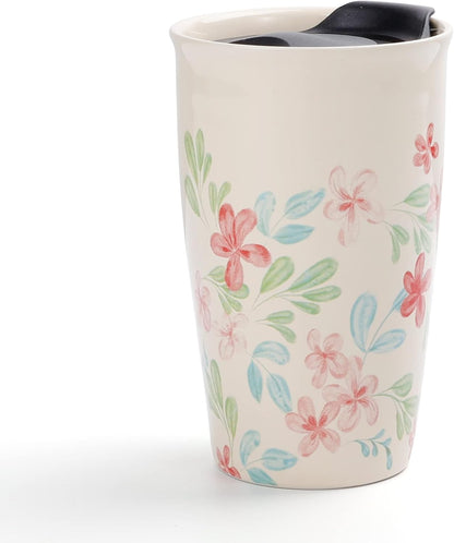 Ceramic Travel Mug with Lid, Flower Pattern Black Double Wall Coffee Mug Tumbler, Reusable Tall Cup, Splash Resistant Lid, Dishwasher Microwaveable Safe