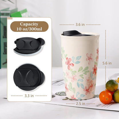 Ceramic Travel Mug with Lid, Flower Pattern Black Double Wall Coffee Mug Tumbler, Reusable Tall Cup, Splash Resistant Lid, Dishwasher Microwaveable Safe