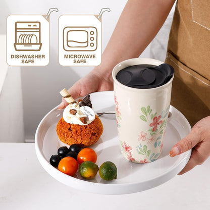 Ceramic Travel Mug with Lid, Flower Pattern Black Double Wall Coffee Mug Tumbler, Reusable Tall Cup, Splash Resistant Lid, Dishwasher Microwaveable Safe