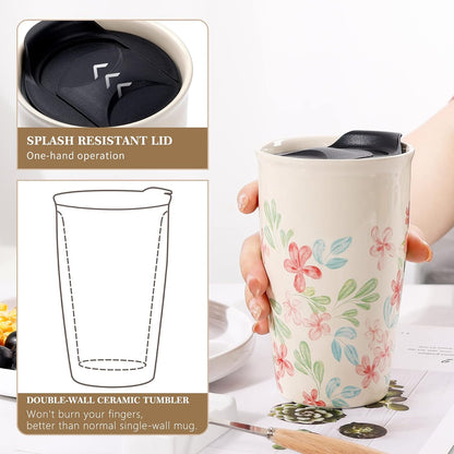 Ceramic Travel Mug with Lid, Flower Pattern Black Double Wall Coffee Mug Tumbler, Reusable Tall Cup, Splash Resistant Lid, Dishwasher Microwaveable Safe