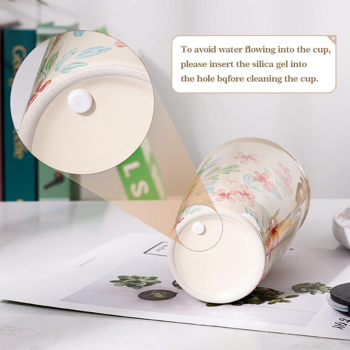 Ceramic Travel Mug with Lid, Flower Pattern Black Double Wall Coffee Mug Tumbler, Reusable Tall Cup, Splash Resistant Lid, Dishwasher Microwaveable Safe