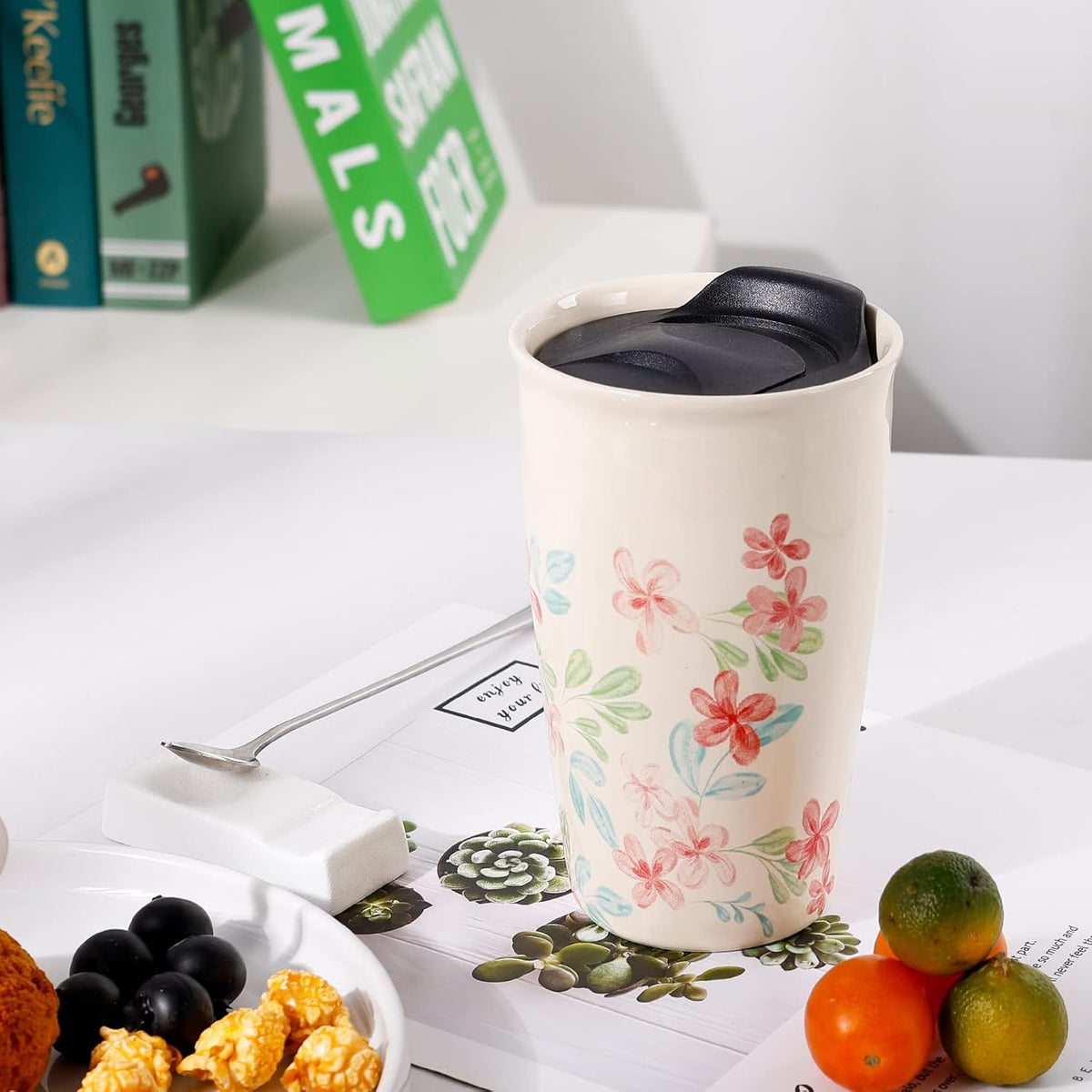 Ceramic Travel Mug with Lid, Flower Pattern Black Double Wall Coffee Mug Tumbler, Reusable Tall Cup, Splash Resistant Lid, Dishwasher Microwaveable Safe