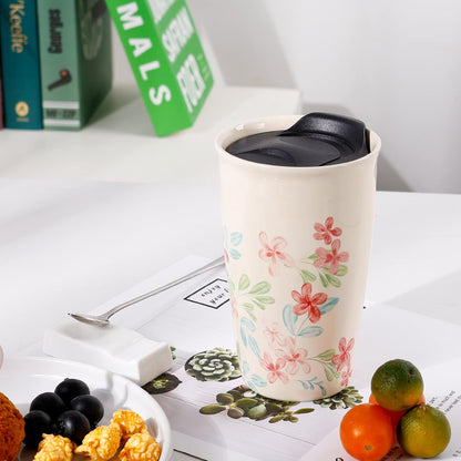 Ceramic Travel Mug with Lid, Flower Pattern Black Double Wall Coffee Mug Tumbler, Reusable Tall Cup, Splash Resistant Lid, Dishwasher Microwaveable Safe