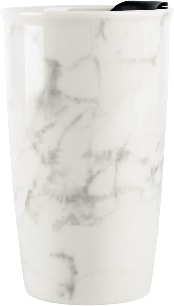 Ceramic Travel Mug with Lid, Flower Pattern Black Double Wall Coffee Mug Tumbler, Reusable Tall Cup, Splash Resistant Lid, Dishwasher Microwaveable Safe