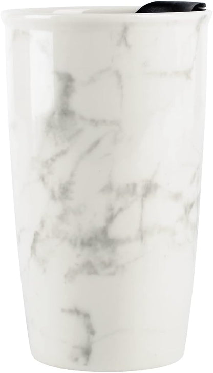 Ceramic Travel Mug with Lid, Flower Pattern Black Double Wall Coffee Mug Tumbler, Reusable Tall Cup, Splash Resistant Lid, Dishwasher Microwaveable Safe