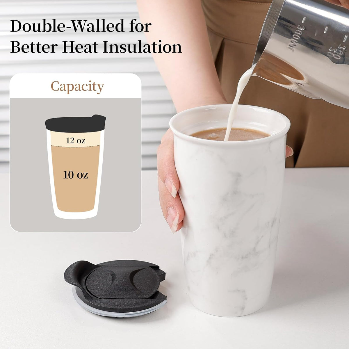 Ceramic Travel Mug with Lid, Flower Pattern Black Double Wall Coffee Mug Tumbler, Reusable Tall Cup, Splash Resistant Lid, Dishwasher Microwaveable Safe
