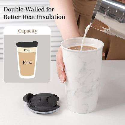 Ceramic Travel Mug with Lid, Flower Pattern Black Double Wall Coffee Mug Tumbler, Reusable Tall Cup, Splash Resistant Lid, Dishwasher Microwaveable Safe