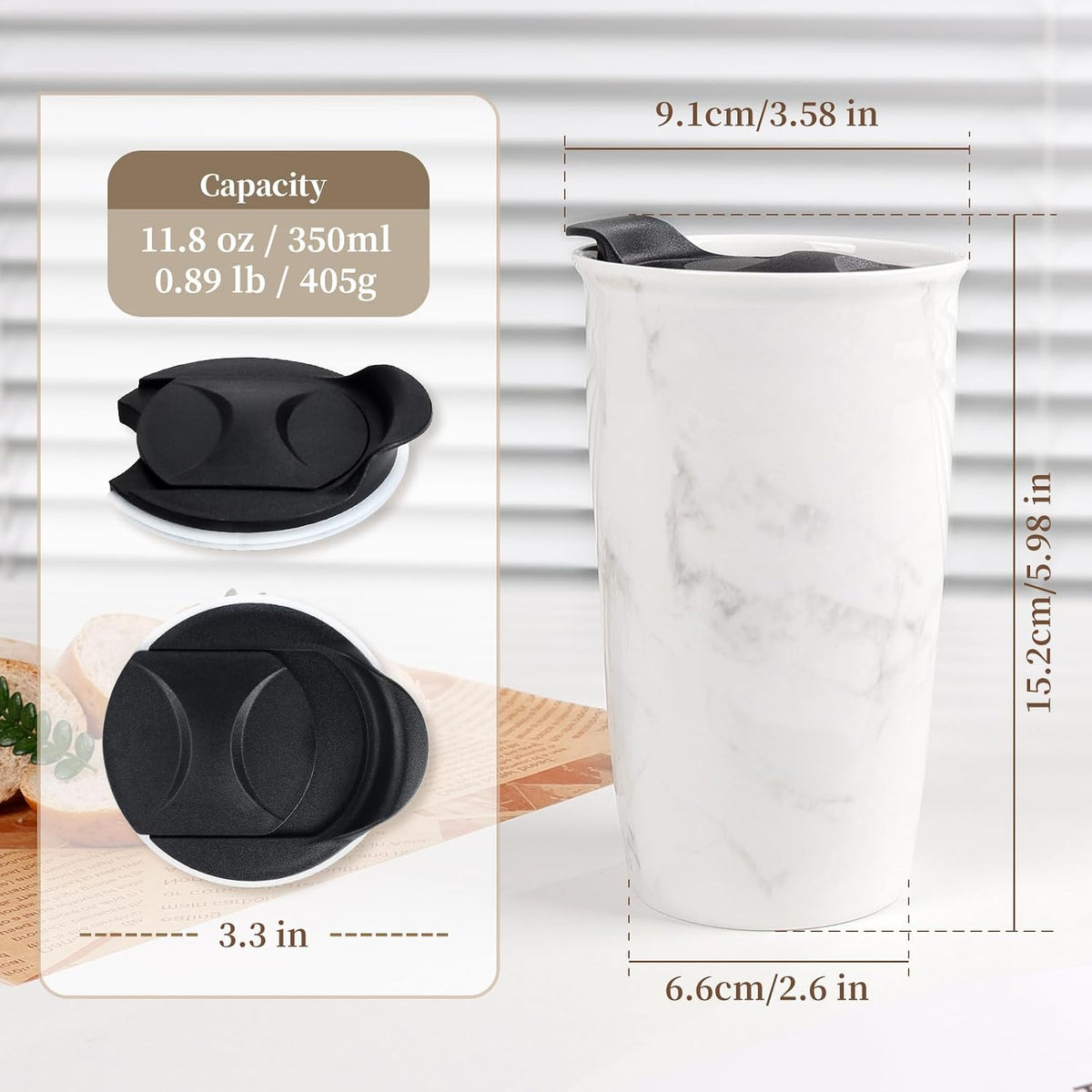 Ceramic Travel Mug with Lid, Flower Pattern Black Double Wall Coffee Mug Tumbler, Reusable Tall Cup, Splash Resistant Lid, Dishwasher Microwaveable Safe