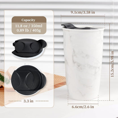 Ceramic Travel Mug with Lid, Flower Pattern Black Double Wall Coffee Mug Tumbler, Reusable Tall Cup, Splash Resistant Lid, Dishwasher Microwaveable Safe