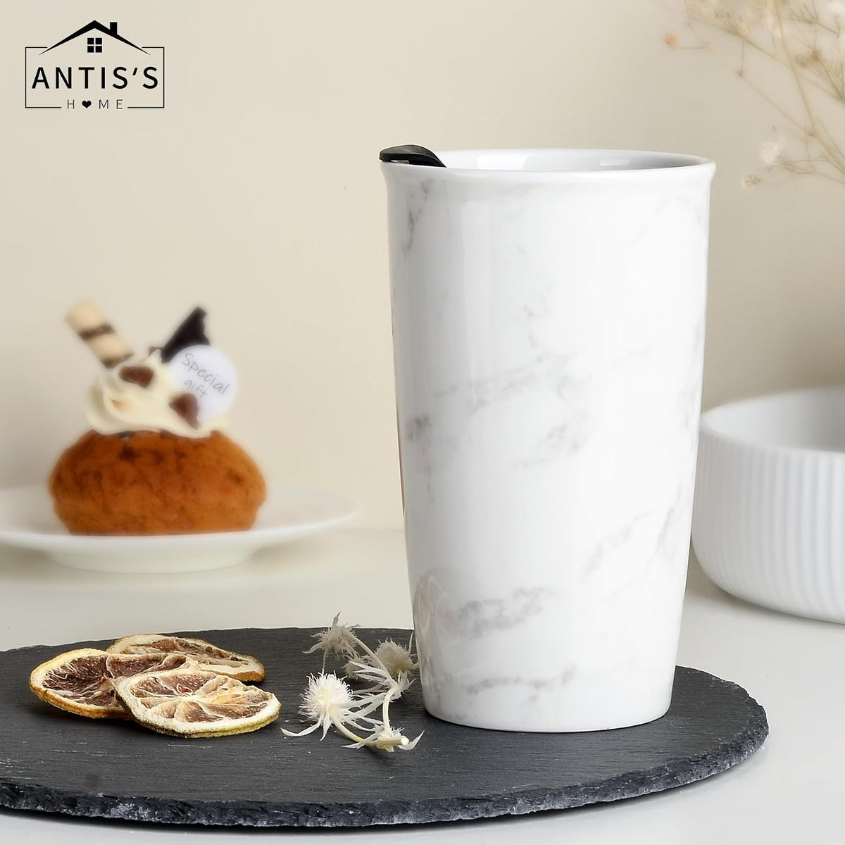 Ceramic Travel Mug with Lid, Flower Pattern Black Double Wall Coffee Mug Tumbler, Reusable Tall Cup, Splash Resistant Lid, Dishwasher Microwaveable Safe
