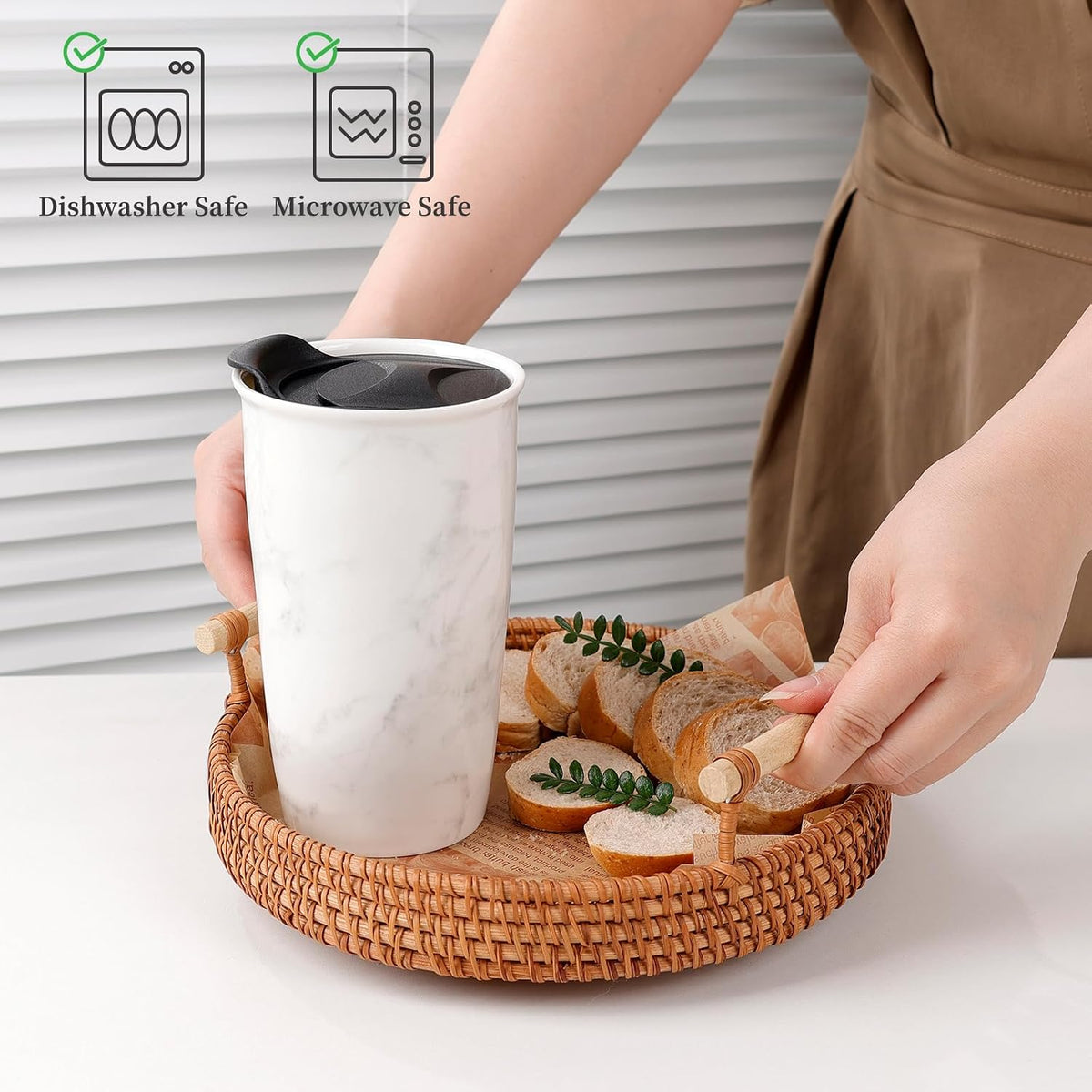 Ceramic Travel Mug with Lid, Flower Pattern Black Double Wall Coffee Mug Tumbler, Reusable Tall Cup, Splash Resistant Lid, Dishwasher Microwaveable Safe