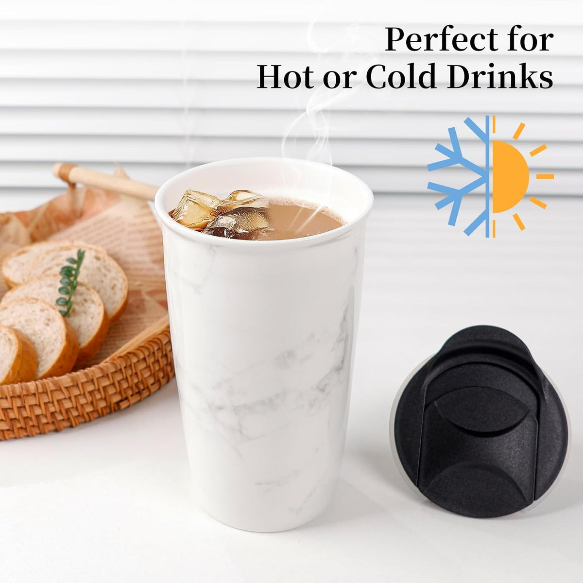 Ceramic Travel Mug with Lid, Flower Pattern Black Double Wall Coffee Mug Tumbler, Reusable Tall Cup, Splash Resistant Lid, Dishwasher Microwaveable Safe