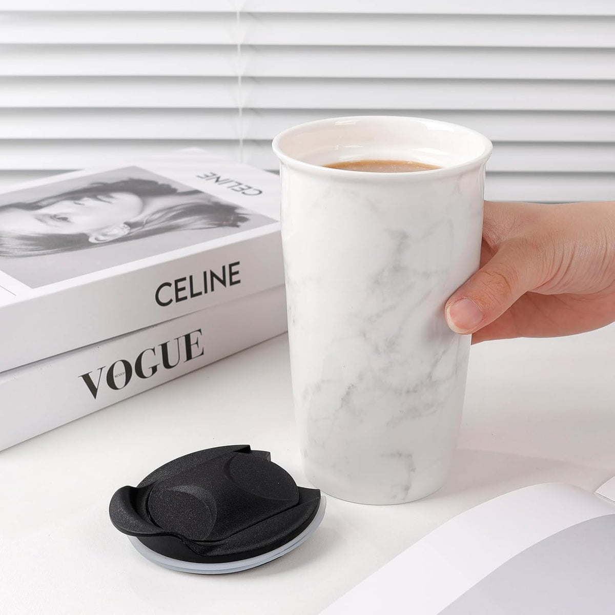 Ceramic Travel Mug with Lid, Flower Pattern Black Double Wall Coffee Mug Tumbler, Reusable Tall Cup, Splash Resistant Lid, Dishwasher Microwaveable Safe