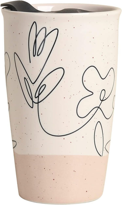 Ceramic Travel Mug with Lid, Flower Pattern Black Double Wall Coffee Mug Tumbler, Reusable Tall Cup, Splash Resistant Lid, Dishwasher Microwaveable Safe