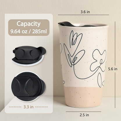 Ceramic Travel Mug with Lid, Flower Pattern Black Double Wall Coffee Mug Tumbler, Reusable Tall Cup, Splash Resistant Lid, Dishwasher Microwaveable Safe
