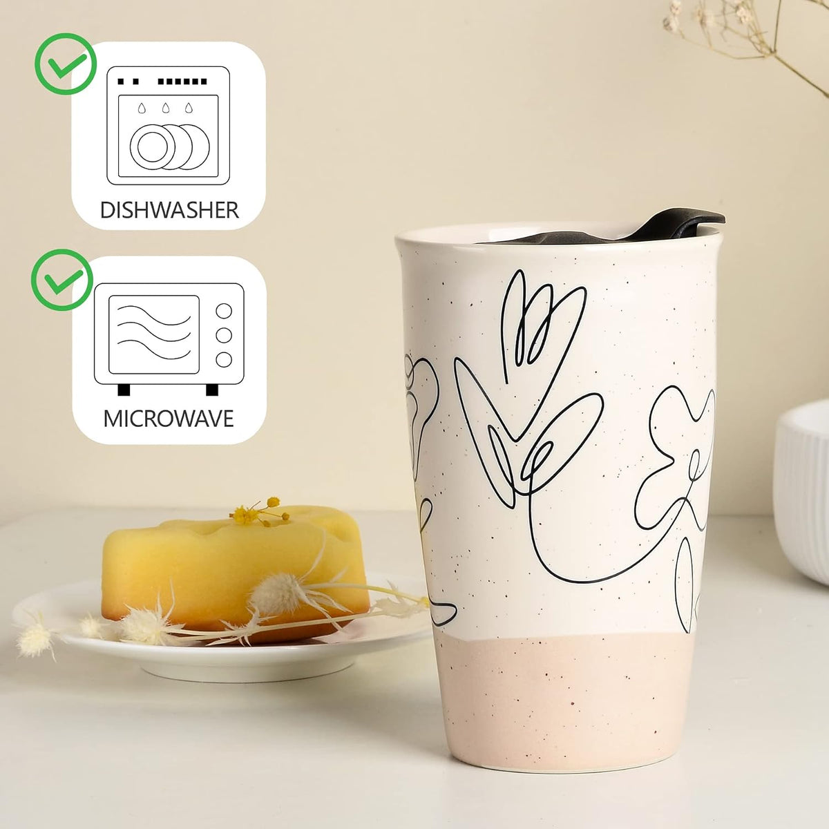 Ceramic Travel Mug with Lid, Flower Pattern Black Double Wall Coffee Mug Tumbler, Reusable Tall Cup, Splash Resistant Lid, Dishwasher Microwaveable Safe