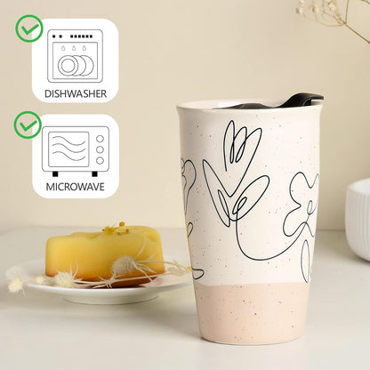 Ceramic Travel Mug with Lid, Flower Pattern Black Double Wall Coffee Mug Tumbler, Reusable Tall Cup, Splash Resistant Lid, Dishwasher Microwaveable Safe