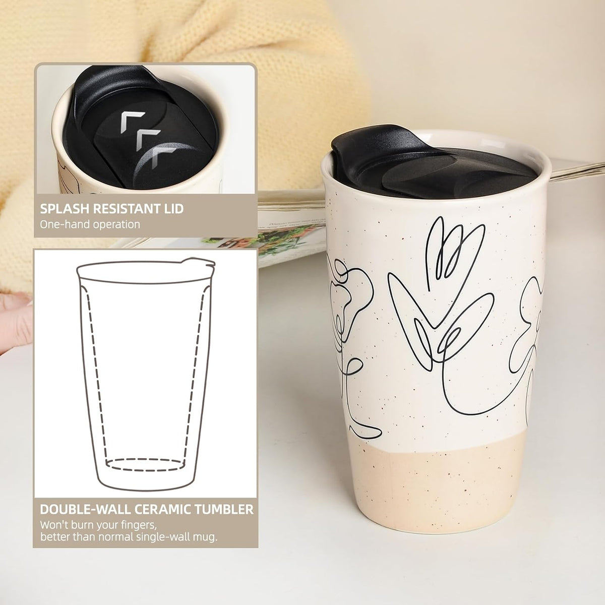 Ceramic Travel Mug with Lid, Flower Pattern Black Double Wall Coffee Mug Tumbler, Reusable Tall Cup, Splash Resistant Lid, Dishwasher Microwaveable Safe