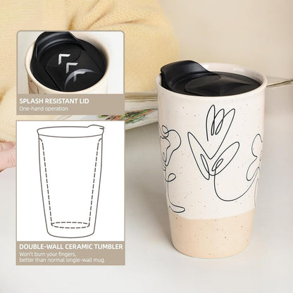 Ceramic Travel Mug with Lid, Flower Pattern Black Double Wall Coffee Mug Tumbler, Reusable Tall Cup, Splash Resistant Lid, Dishwasher Microwaveable Safe