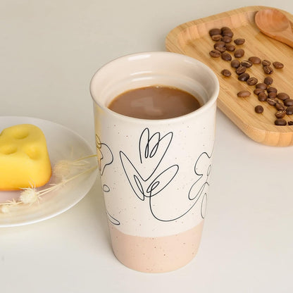 Ceramic Travel Mug with Lid, Flower Pattern Black Double Wall Coffee Mug Tumbler, Reusable Tall Cup, Splash Resistant Lid, Dishwasher Microwaveable Safe