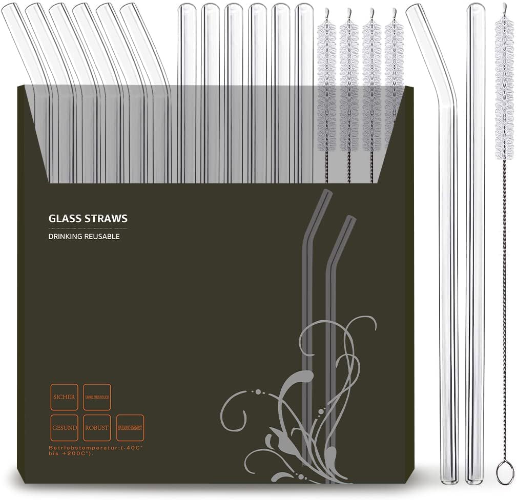 16 Pack Reusable Glass Straws, 6 Straight and 6 Bent with 4 Cleaning Brush