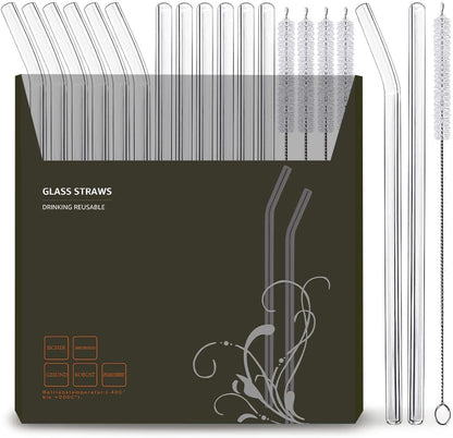 16 Pack Reusable Glass Straws, 6 Straight and 6 Bent with 4 Cleaning Brush