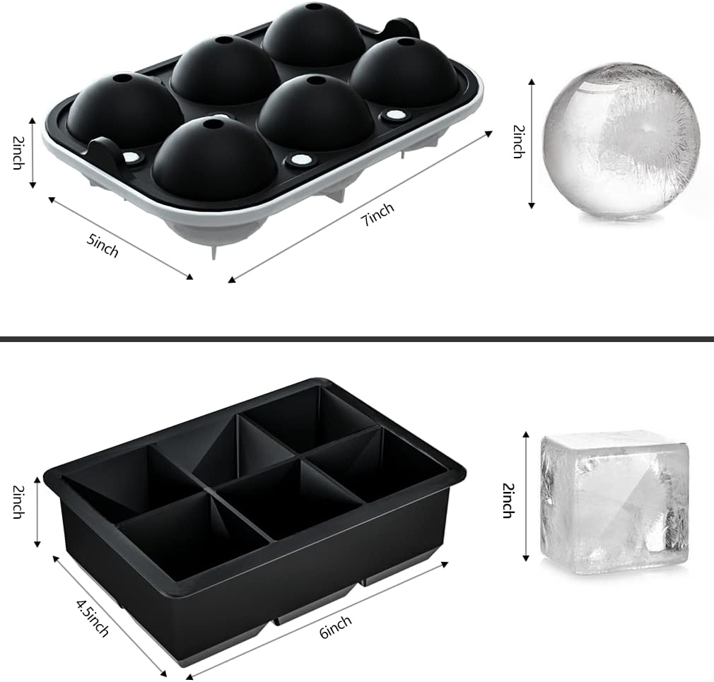 2 Pack Ice Cube Tray, 2" Sphere Ice Ball Mold with Lid & Large Square Maker