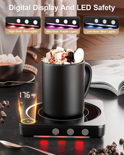 Coffee Mug Warmer for Desk, Candle Warmer Plate, 12H Timer, Wood | Fast Heating to 176°F, LED Display, Color-Coded Lights, Temperature Memory, 5.2-Inch Plate; Coffee Gifts