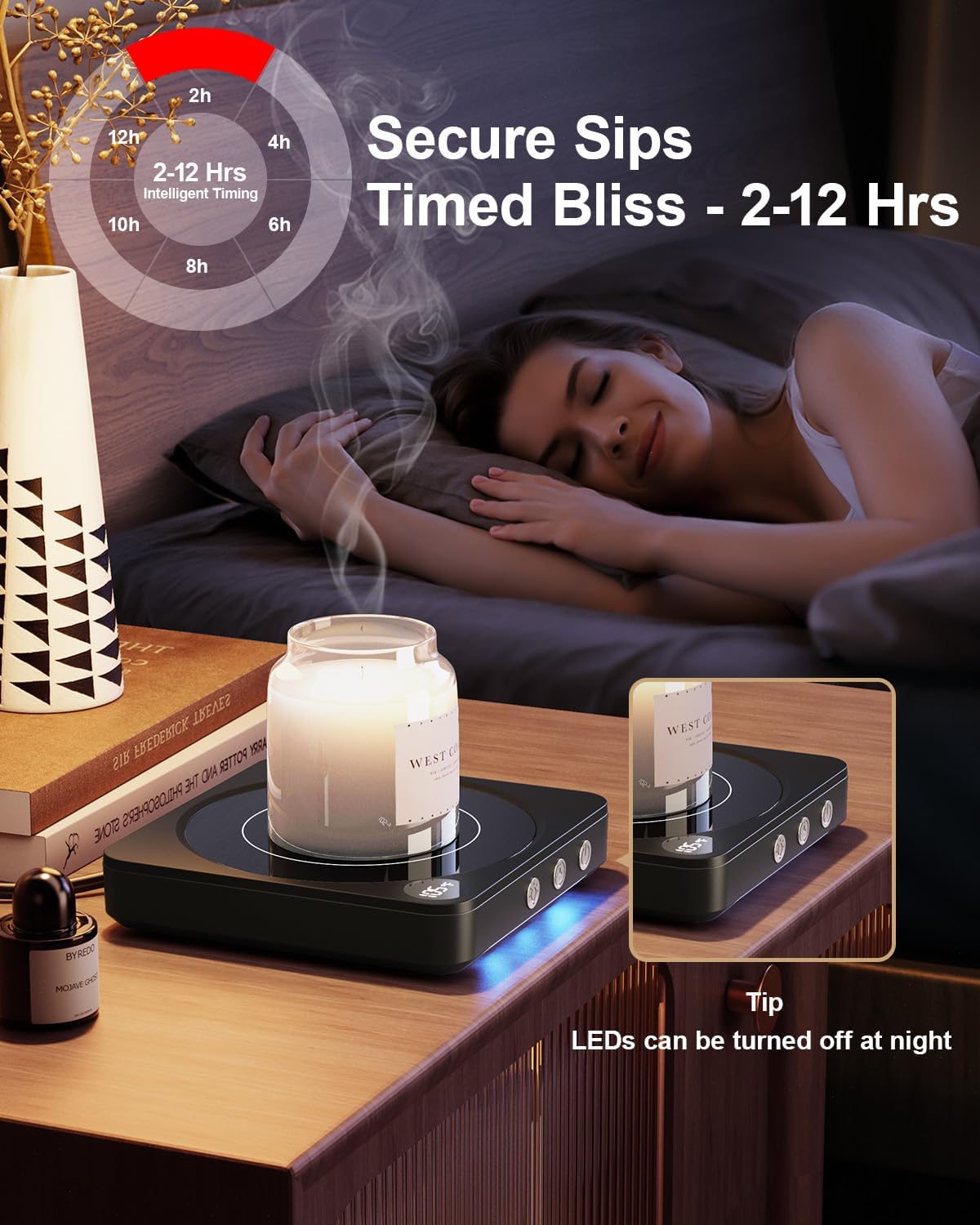 Coffee Mug Warmer for Desk, Candle Warmer Plate, 12H Timer, Wood | Fast Heating to 176°F, LED Display, Color-Coded Lights, Temperature Memory, 5.2-Inch Plate; Coffee Gifts