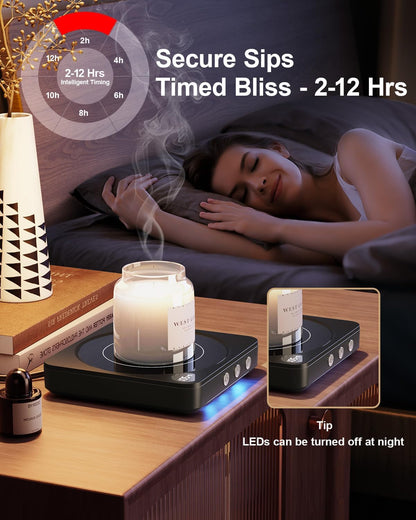 Coffee Mug Warmer for Desk, Candle Warmer Plate, 12H Timer, Wood | Fast Heating to 176°F, LED Display, Color-Coded Lights, Temperature Memory, 5.2-Inch Plate; Coffee Gifts