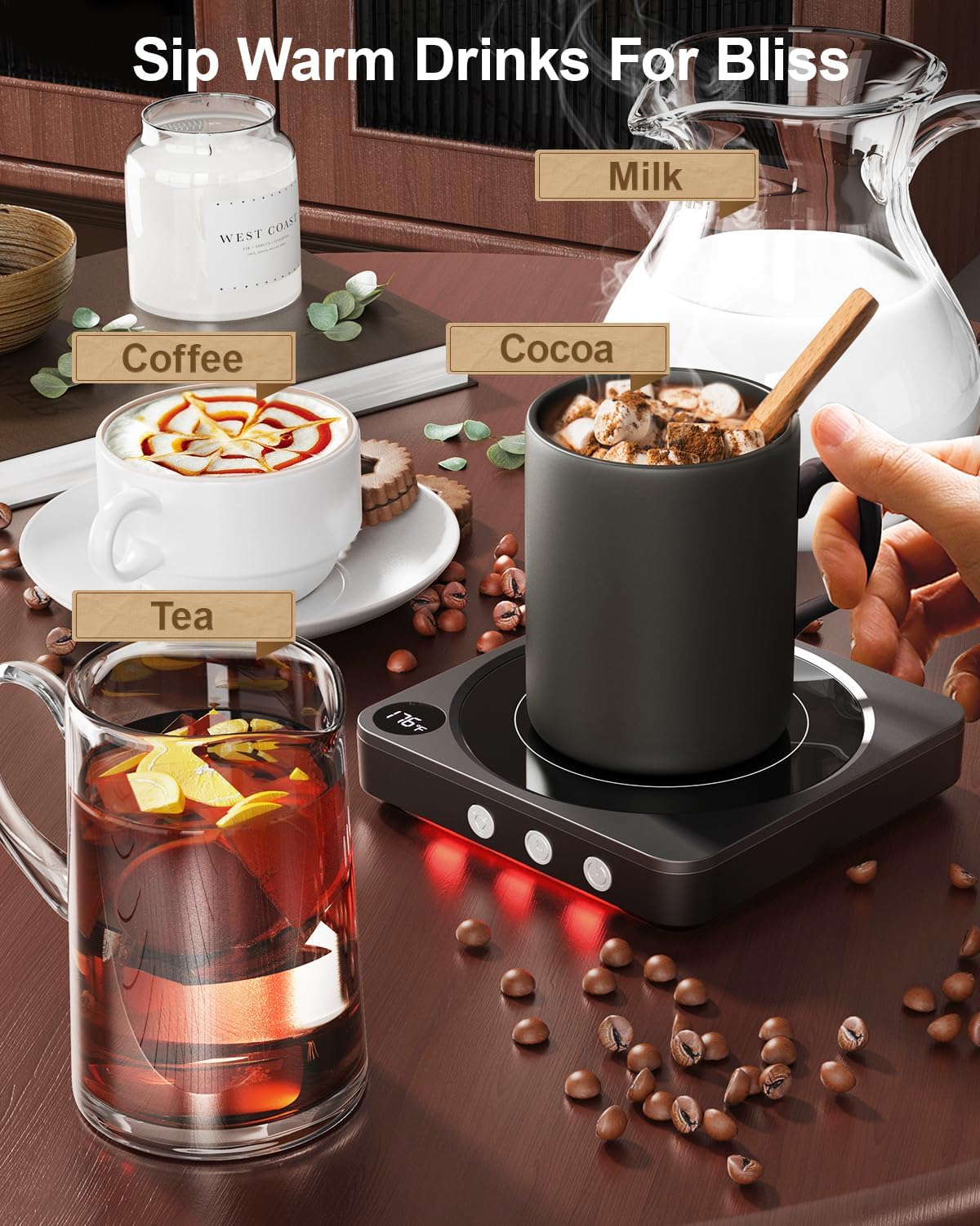 Coffee Mug Warmer for Desk, Candle Warmer Plate, 12H Timer, Wood | Fast Heating to 176°F, LED Display, Color-Coded Lights, Temperature Memory, 5.2-Inch Plate; Coffee Gifts