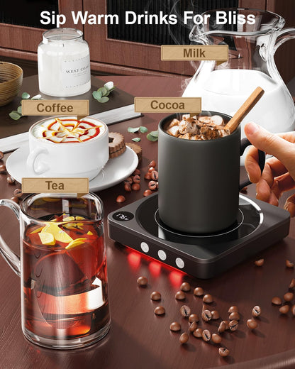 Coffee Mug Warmer for Desk, Candle Warmer Plate, 12H Timer, Wood | Fast Heating to 176°F, LED Display, Color-Coded Lights, Temperature Memory, 5.2-Inch Plate; Coffee Gifts