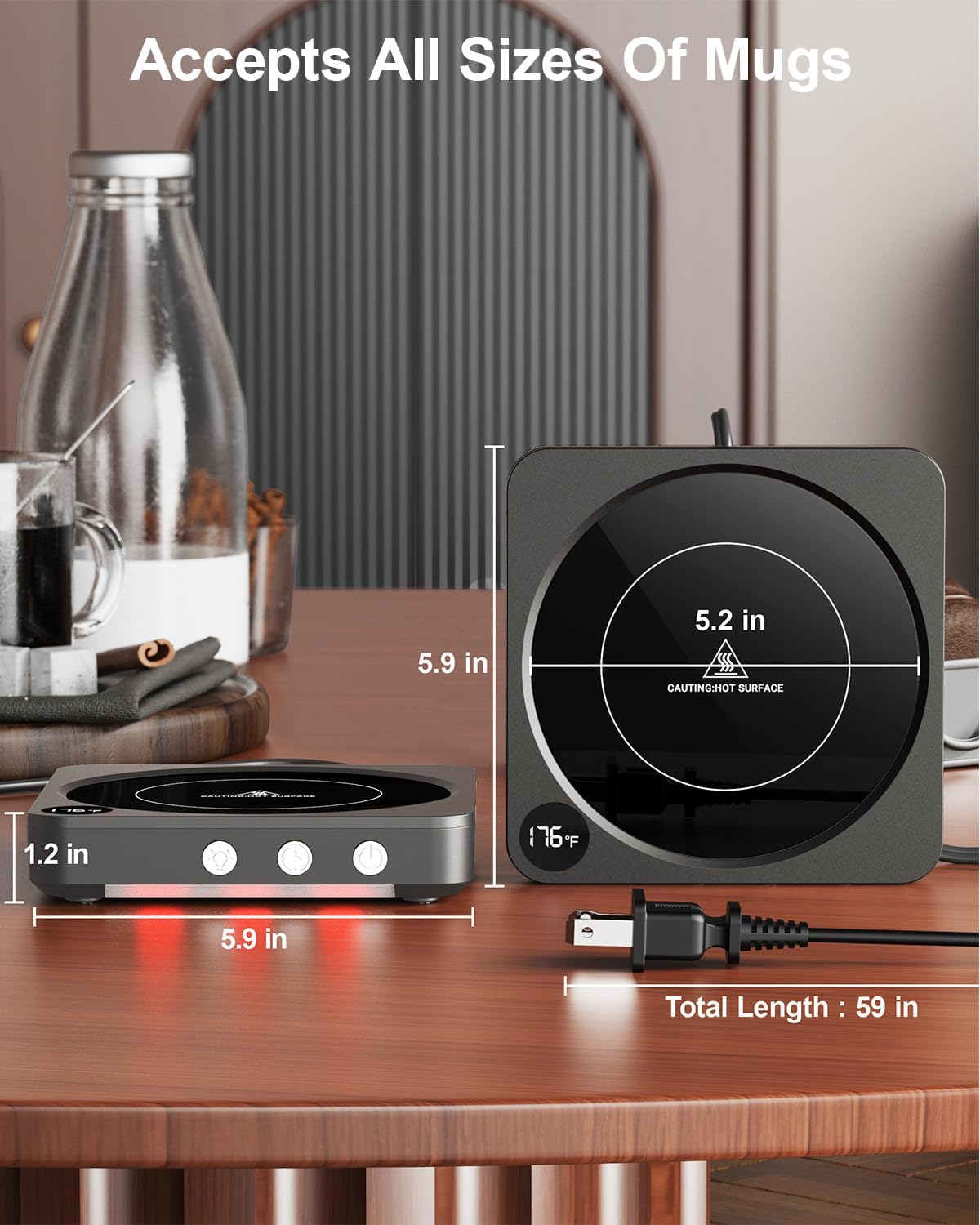 Coffee Mug Warmer for Desk, Candle Warmer Plate, 12H Timer, Wood | Fast Heating to 176°F, LED Display, Color-Coded Lights, Temperature Memory, 5.2-Inch Plate; Coffee Gifts