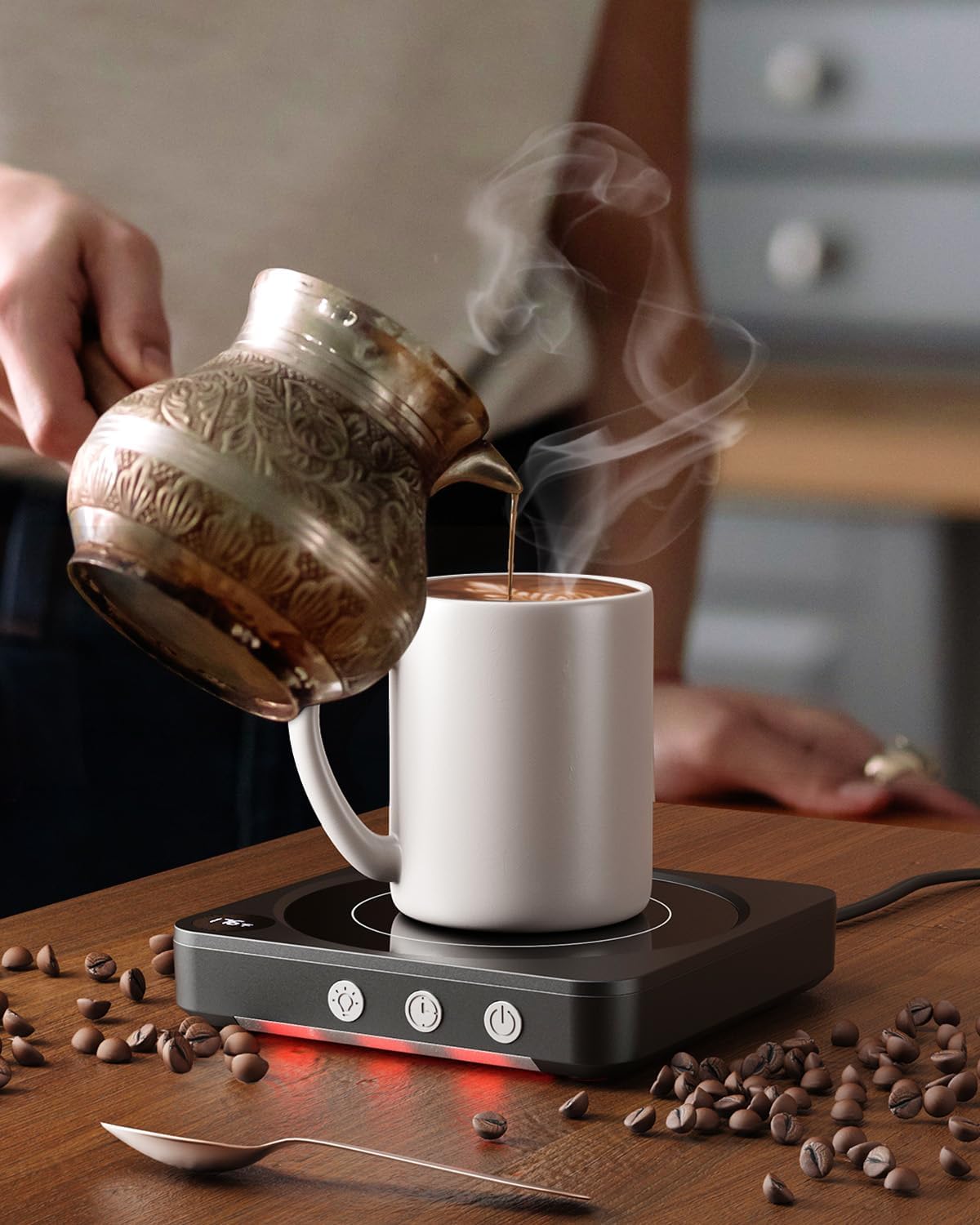 Coffee Mug Warmer for Desk, Candle Warmer Plate, 12H Timer, Wood | Fast Heating to 176°F, LED Display, Color-Coded Lights, Temperature Memory, 5.2-Inch Plate; Coffee Gifts