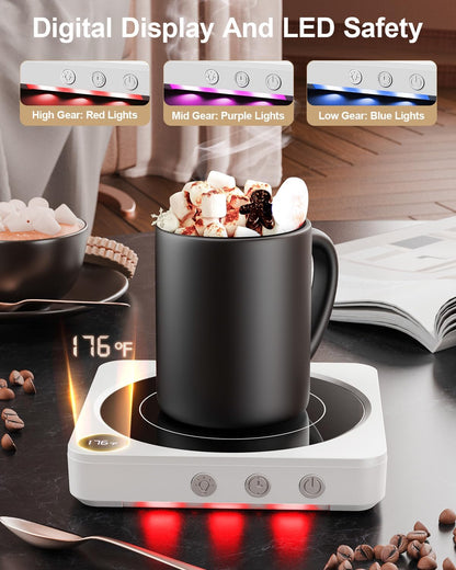 Coffee Mug Warmer for Desk, Candle Warmer Plate, 12H Timer, Wood | Fast Heating to 176°F, LED Display, Color-Coded Lights, Temperature Memory, 5.2-Inch Plate; Coffee Gifts