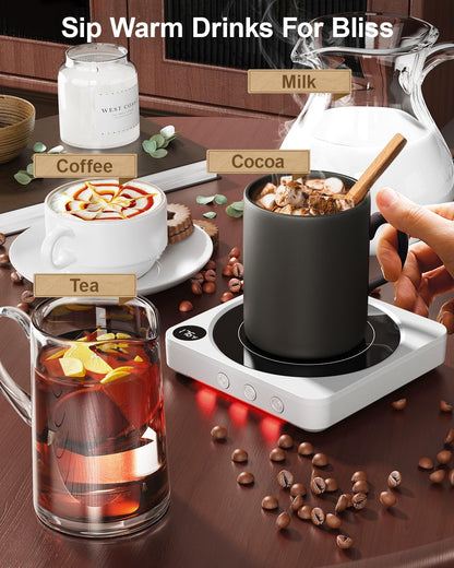 Coffee Mug Warmer for Desk, Candle Warmer Plate, 12H Timer, Wood | Fast Heating to 176°F, LED Display, Color-Coded Lights, Temperature Memory, 5.2-Inch Plate; Coffee Gifts