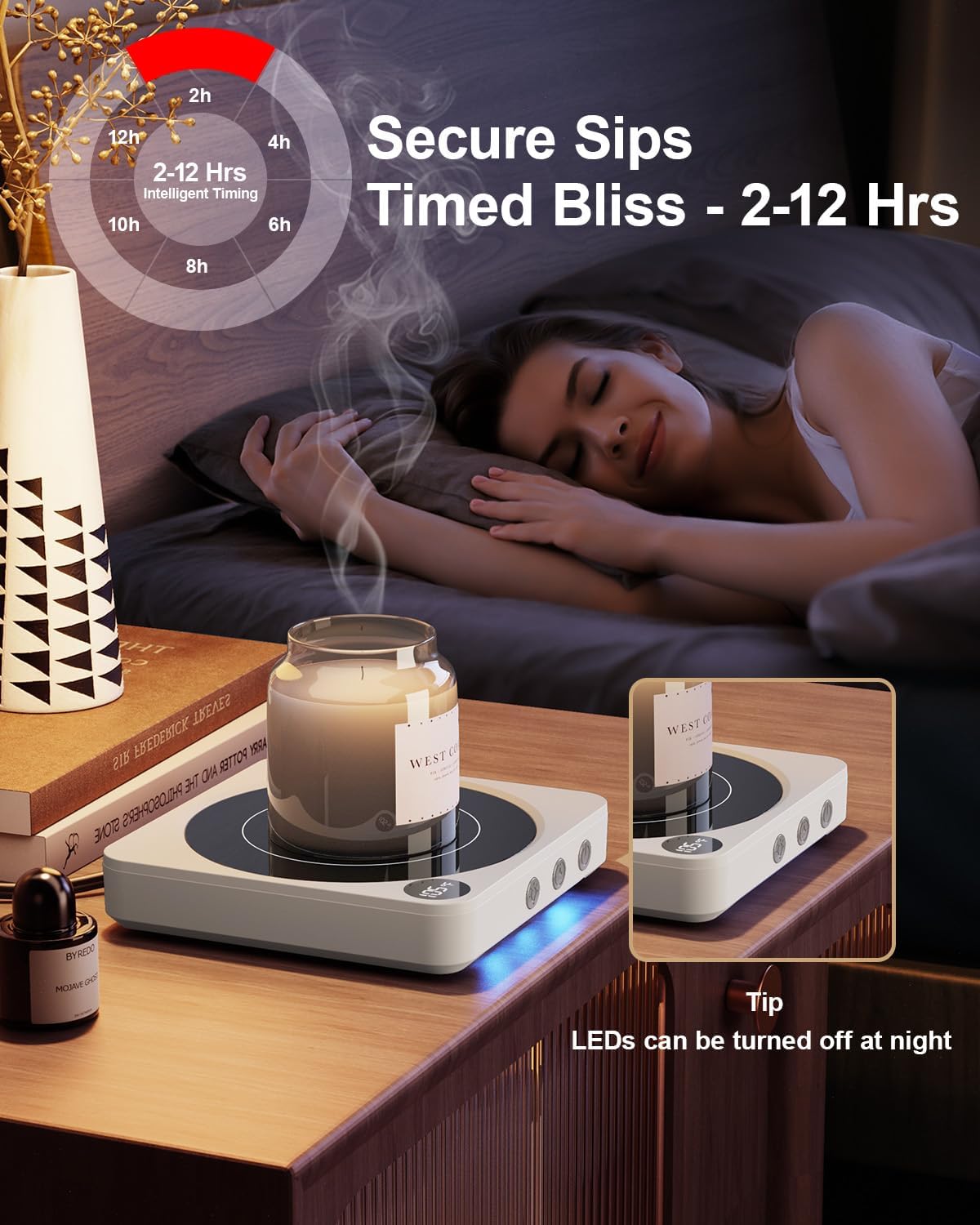 Coffee Mug Warmer for Desk, Candle Warmer Plate, 12H Timer, Wood | Fast Heating to 176°F, LED Display, Color-Coded Lights, Temperature Memory, 5.2-Inch Plate; Coffee Gifts