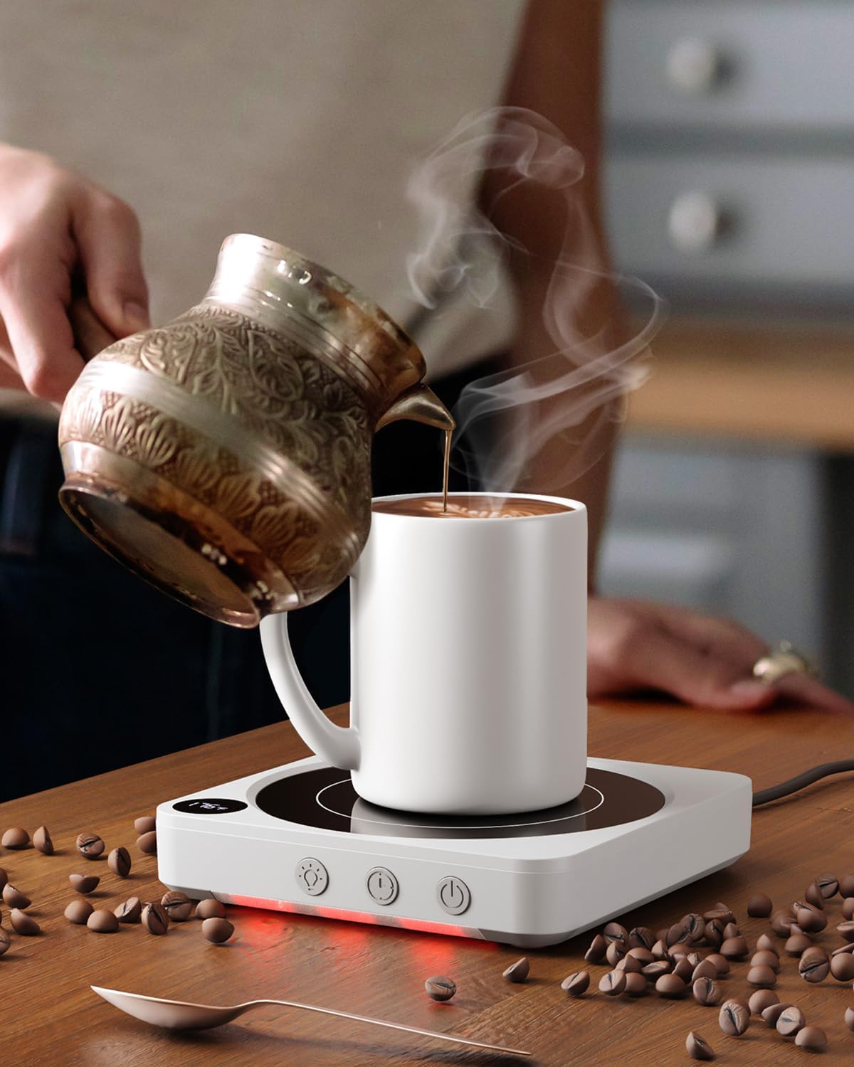 Coffee Mug Warmer for Desk, Candle Warmer Plate, 12H Timer, Wood | Fast Heating to 176°F, LED Display, Color-Coded Lights, Temperature Memory, 5.2-Inch Plate; Coffee Gifts