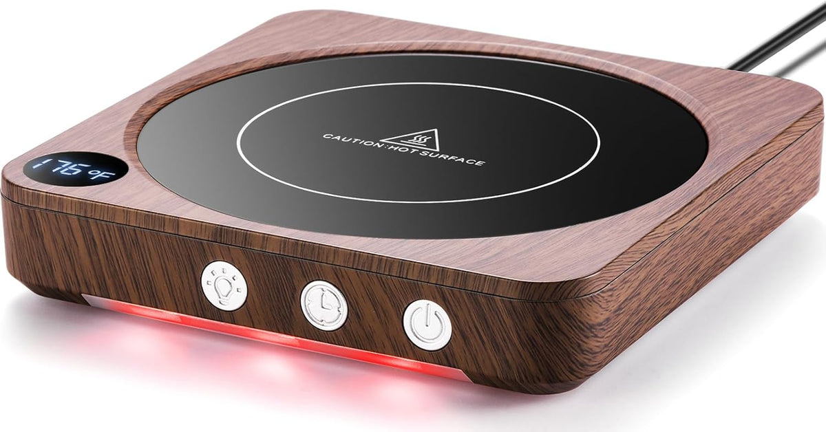 Coffee Mug Warmer for Desk, Candle Warmer Plate, 12H Timer, Wood | Fast Heating to 176°F, LED Display, Color-Coded Lights, Temperature Memory, 5.2-Inch Plate; Coffee Gifts