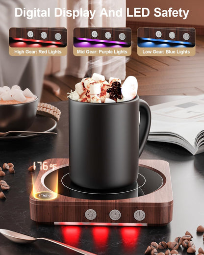 Coffee Mug Warmer for Desk, Candle Warmer Plate, 12H Timer, Wood | Fast Heating to 176°F, LED Display, Color-Coded Lights, Temperature Memory, 5.2-Inch Plate; Coffee Gifts