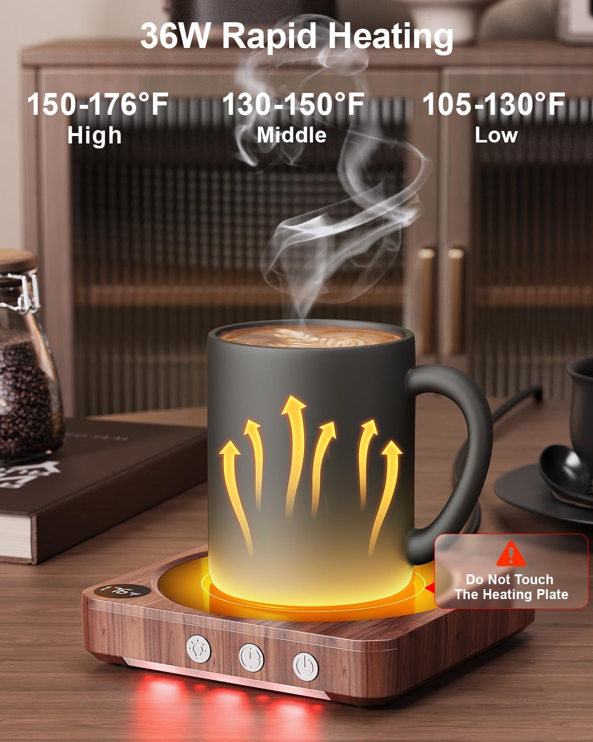 Coffee Mug Warmer for Desk, Candle Warmer Plate, 12H Timer, Wood | Fast Heating to 176°F, LED Display, Color-Coded Lights, Temperature Memory, 5.2-Inch Plate; Coffee Gifts