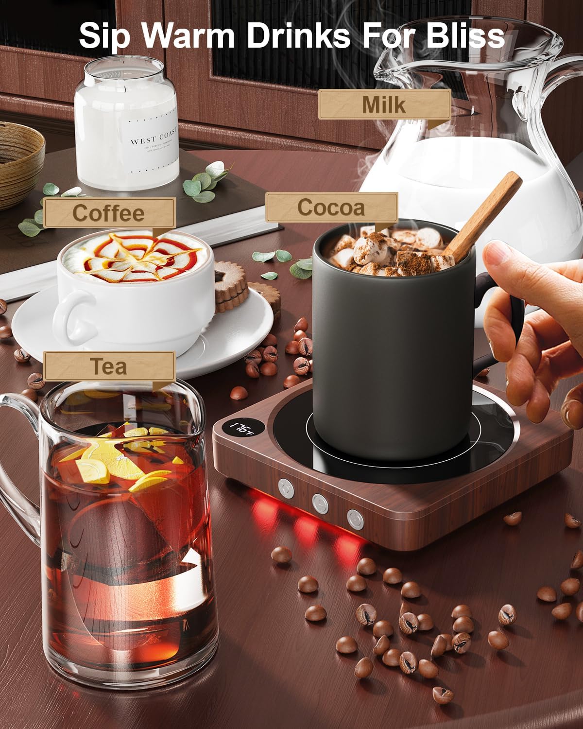 Coffee Mug Warmer for Desk, Candle Warmer Plate, 12H Timer, Wood | Fast Heating to 176°F, LED Display, Color-Coded Lights, Temperature Memory, 5.2-Inch Plate; Coffee Gifts